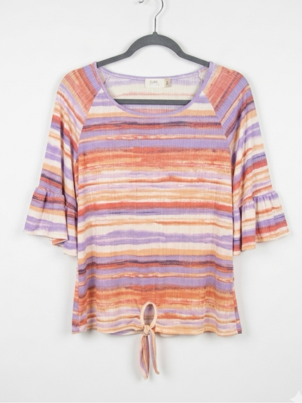 Cure. Petites Multicolor Striped Tie-Front Top with Flutter Sleeves